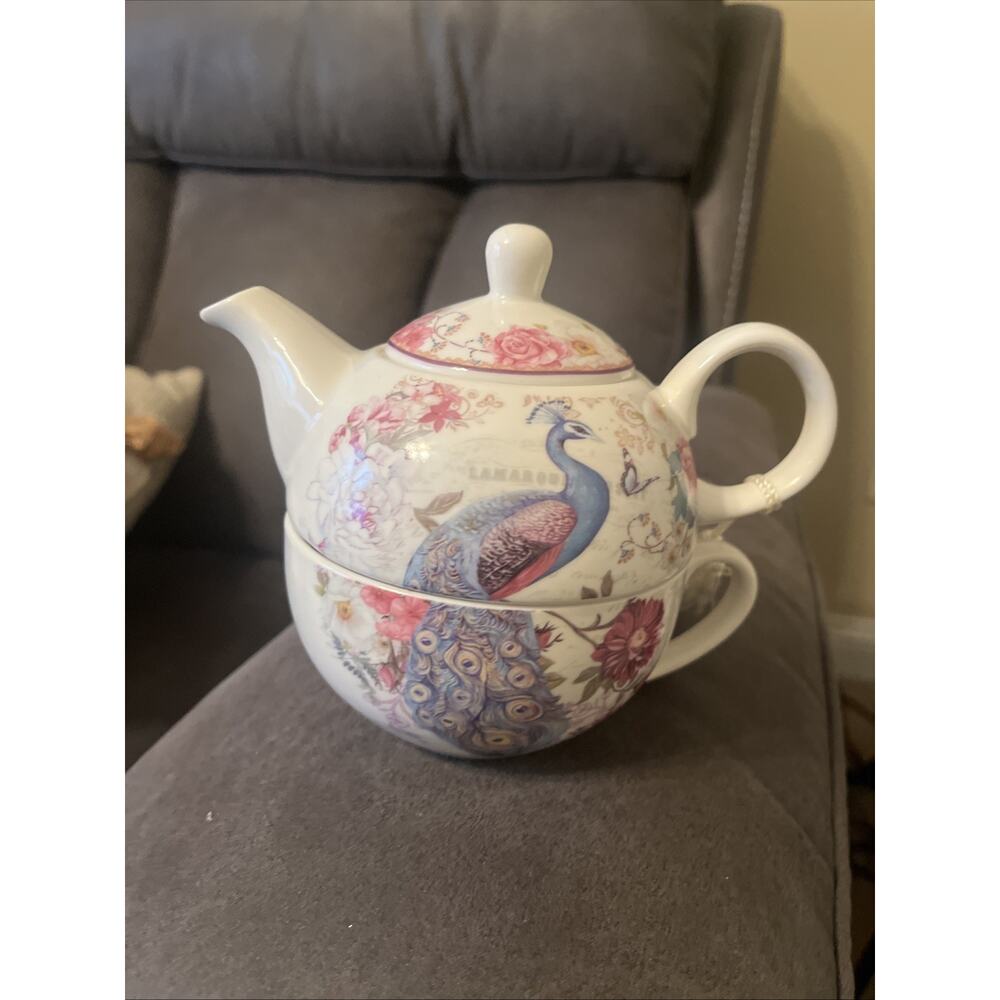 Peacock Tea For One Set Stackable Teapot Cup Mug Floral Pink Gold Tassel Luu BV - Picture 3 of 11